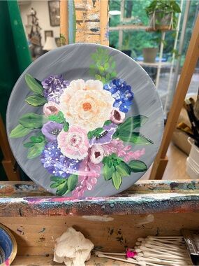Hand-Painted by ME! Floral Round Porcelain  Wall Art -